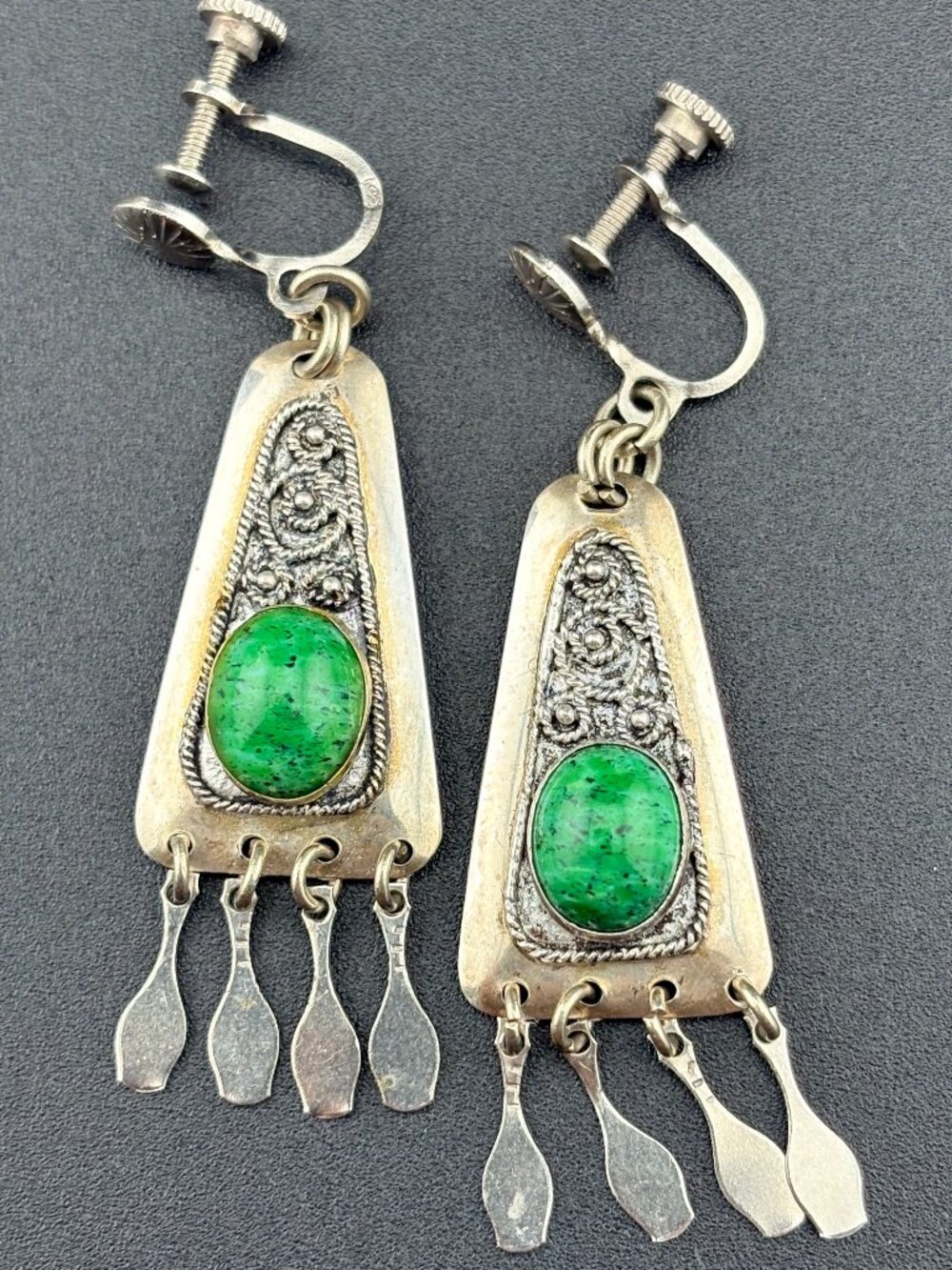 RARE 1940's Yemenite Filigree Eilat Stone Sterling Silver Earrings from Israel